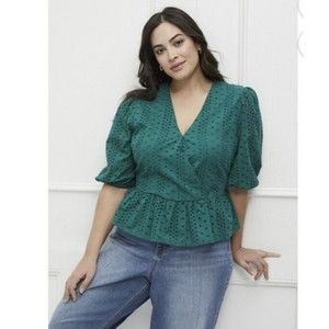 ELOQUII Elements Eyelet Peplum V-Neck Top green Teal Boho Womens Plus Size 24